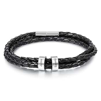 Amazon | メンズレザーブレスレット ブラック 2-5ビーズ付き